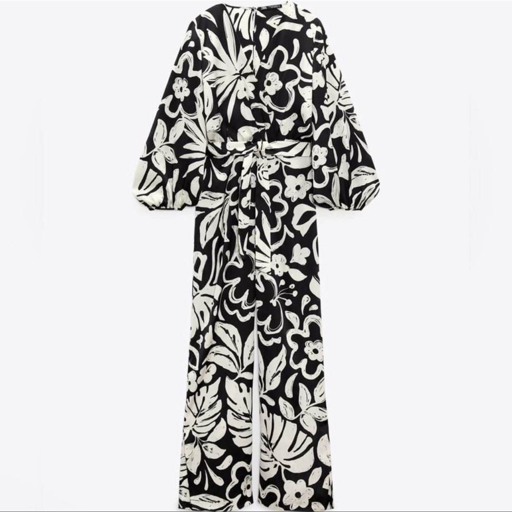 Zara Black and Cream Floral Wrap Jumpsuit - Picture 4 of 14